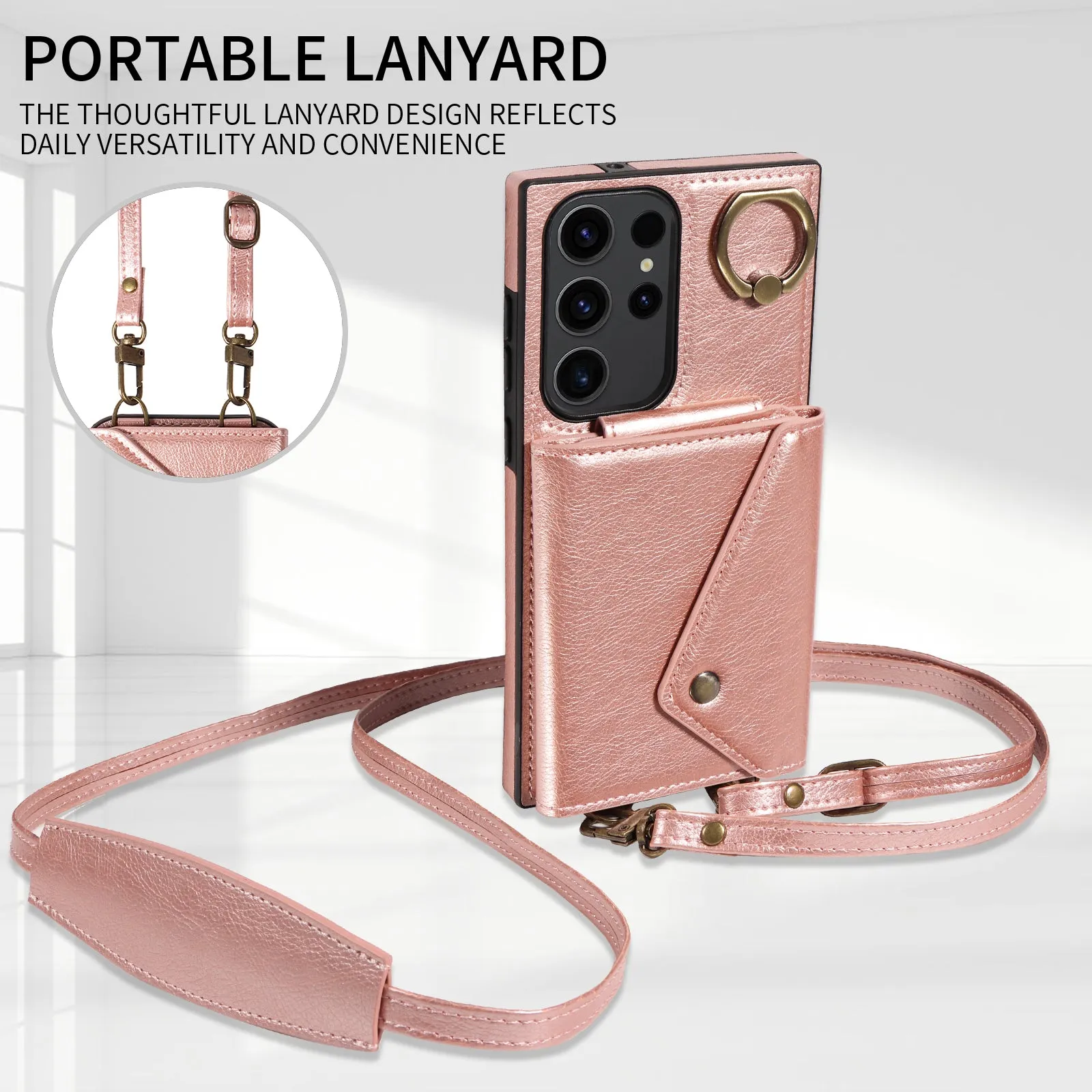 002 Card Bag Shell for Samsung Galaxy S23 Ultra , Ring Kickstand Cover Litchi Texture Leather TPU Phone Case with Shoulder Strap