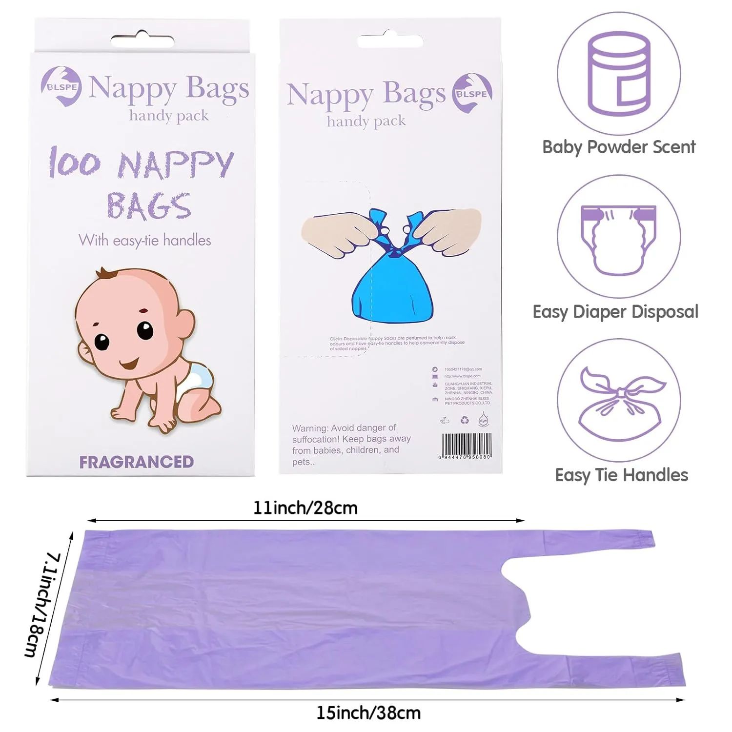 100 Count Baby Disposable Diaper Bags with Tie Handle Baby Poop Bags Waste Bag Refill (Purple)