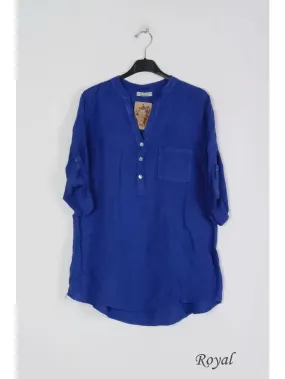 6367 Linen 3/4 Sleeve Blouse With Chest Pocket & Button Details