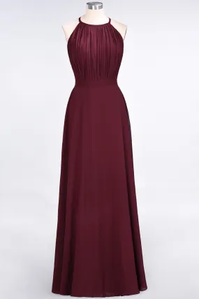 A-Line Chiffon Jewel Sleeveless Long Bridesmaid Dress with Ruffles