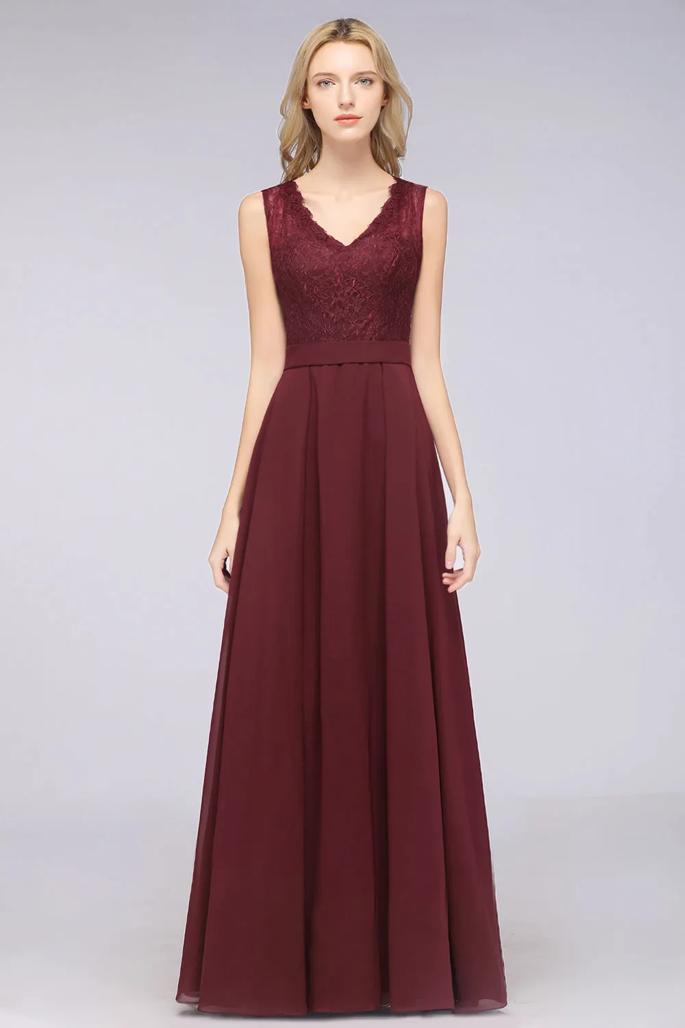 A-Line Chiffon Lace V-Neck Burgundy Long Bridesmaid Dress