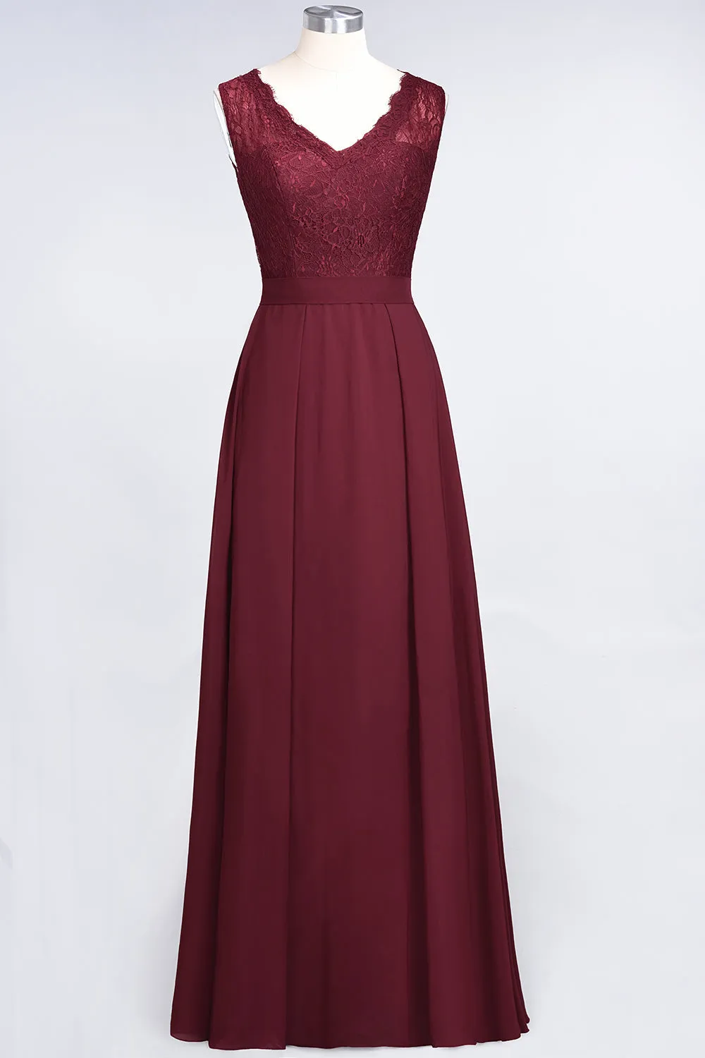 A-Line Chiffon Lace V-Neck Burgundy Long Bridesmaid Dress