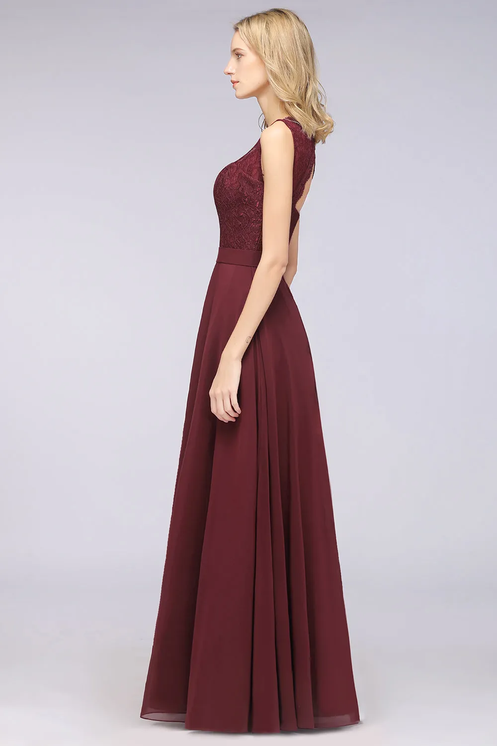 A-Line Chiffon Lace V-Neck Burgundy Long Bridesmaid Dress