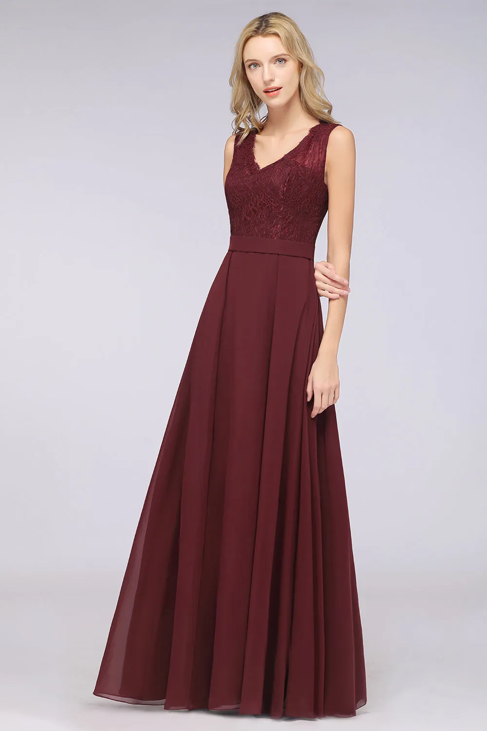 A-Line Chiffon Lace V-Neck Burgundy Long Bridesmaid Dress