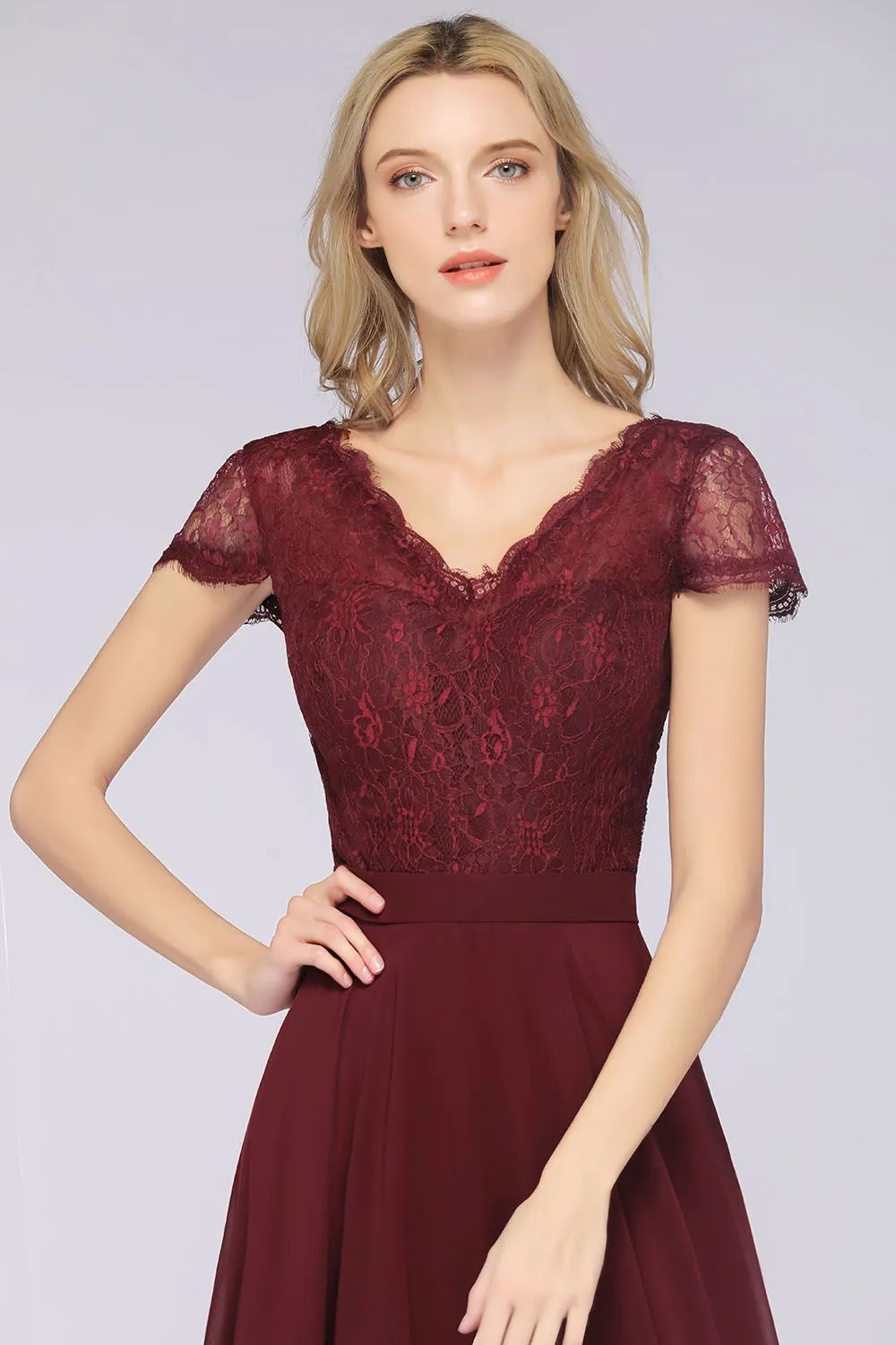 A-Line Chiffon Lace V-Neck Long Bridesmaid Dress with Sleeves