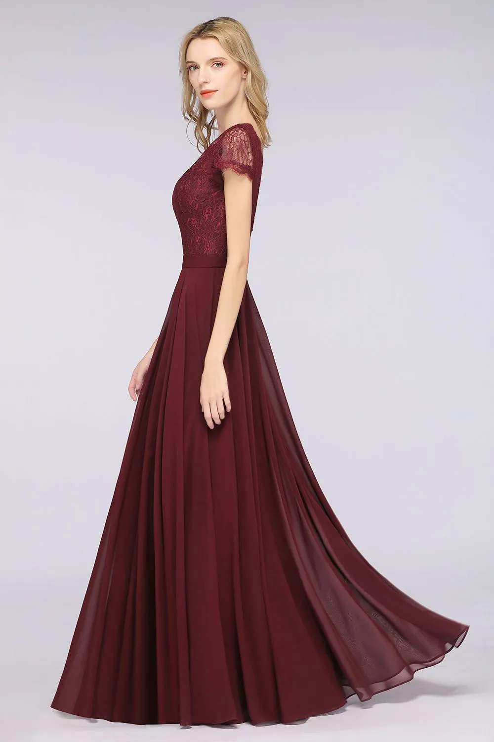 A-Line Chiffon Lace V-Neck Long Bridesmaid Dress with Sleeves