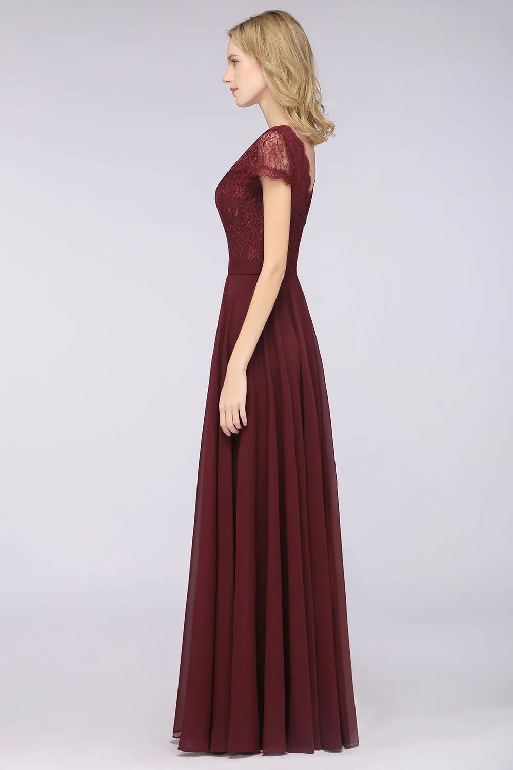 A-Line Chiffon Lace V-Neck Long Bridesmaid Dress with Sleeves