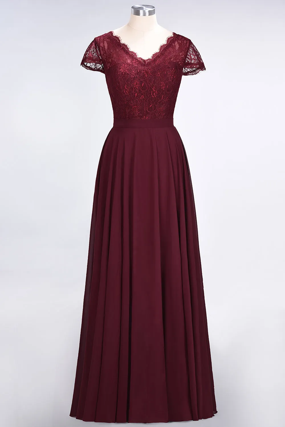 A-Line Chiffon Lace V-Neck Long Bridesmaid Dress with Sleeves