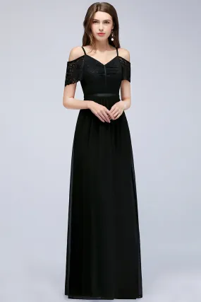 A-line Chiffon Lace V-Neck Off the shoulder Sleeveless Long Bridesmaid Dresses