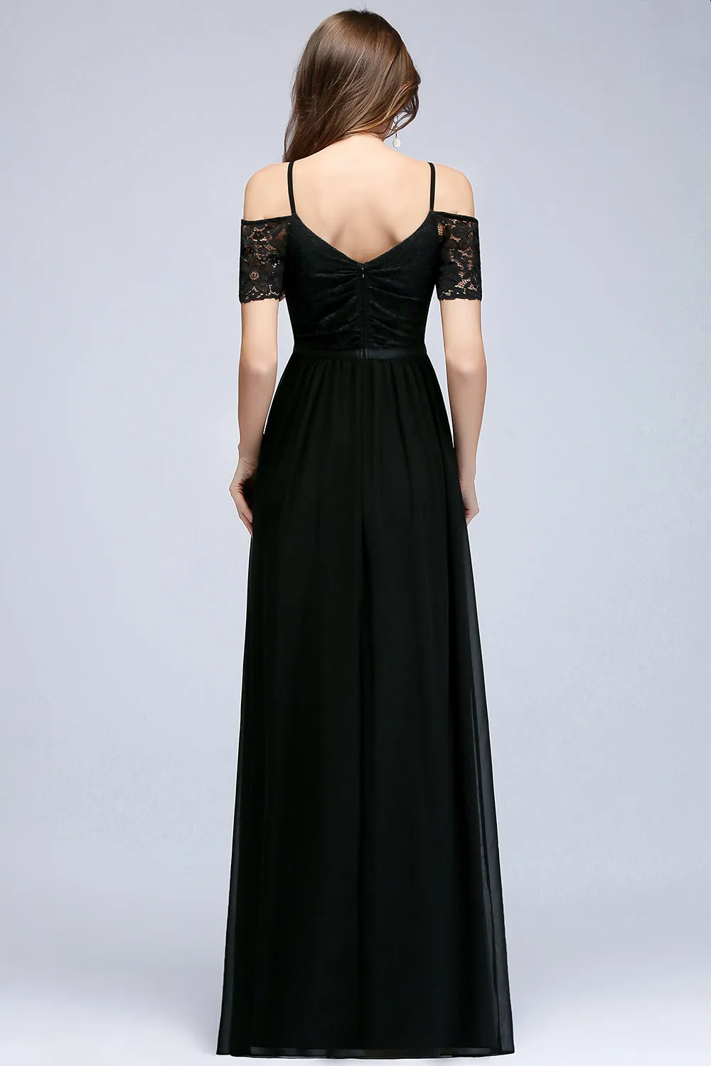 A-line Chiffon Lace V-Neck Off the shoulder Sleeveless Long Bridesmaid Dresses