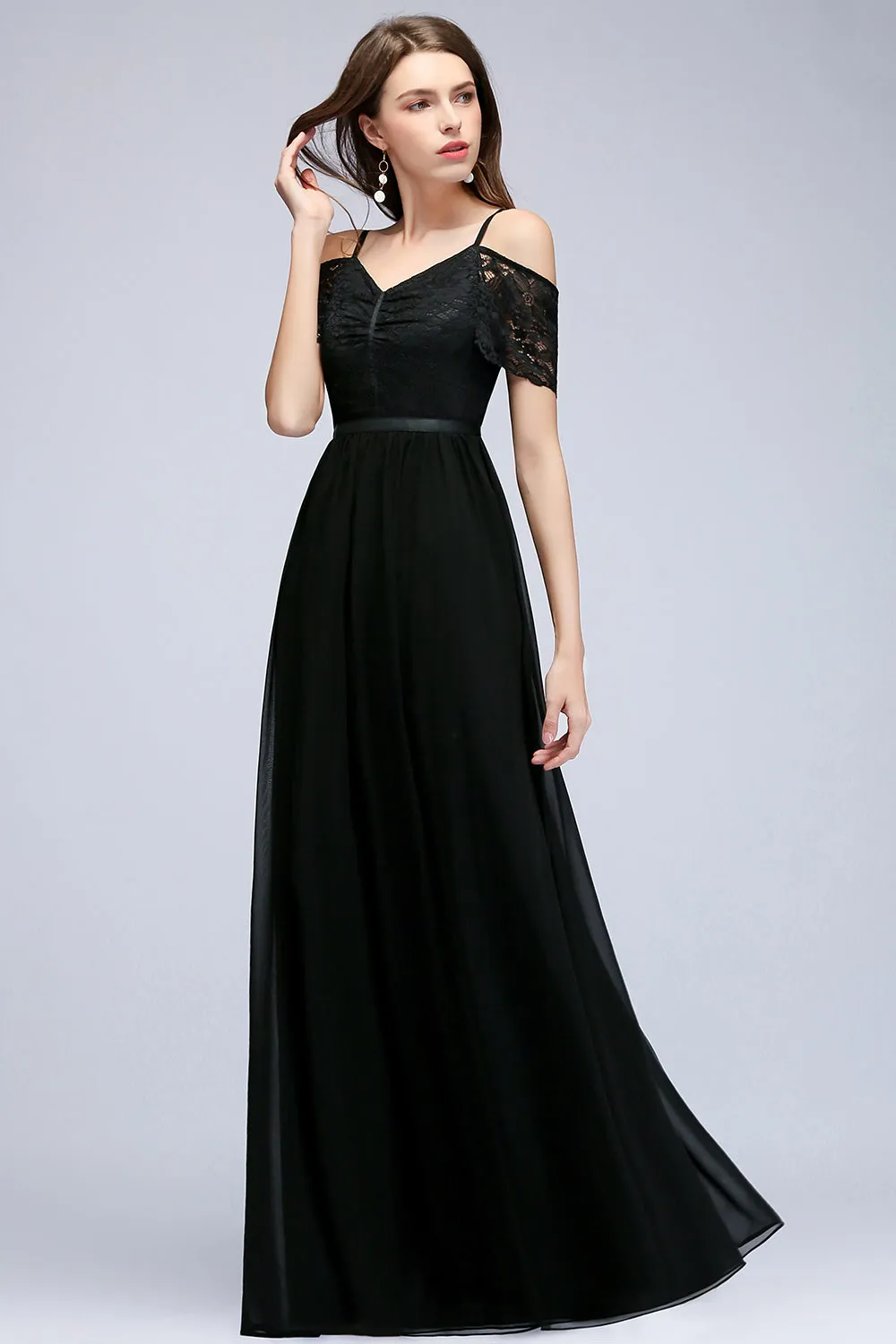 A-line Chiffon Lace V-Neck Off the shoulder Sleeveless Long Bridesmaid Dresses