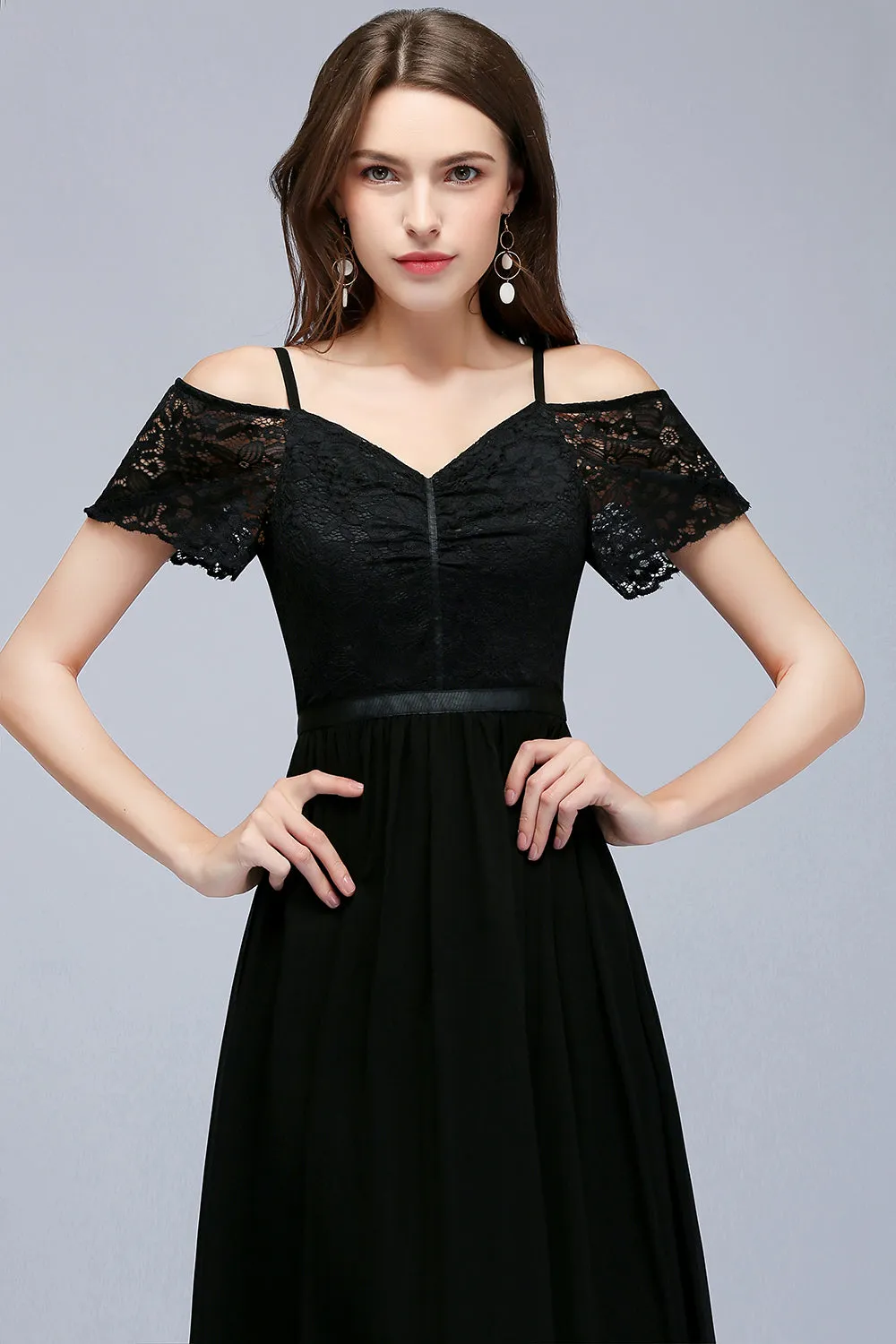 A-line Chiffon Lace V-Neck Off the shoulder Sleeveless Long Bridesmaid Dresses