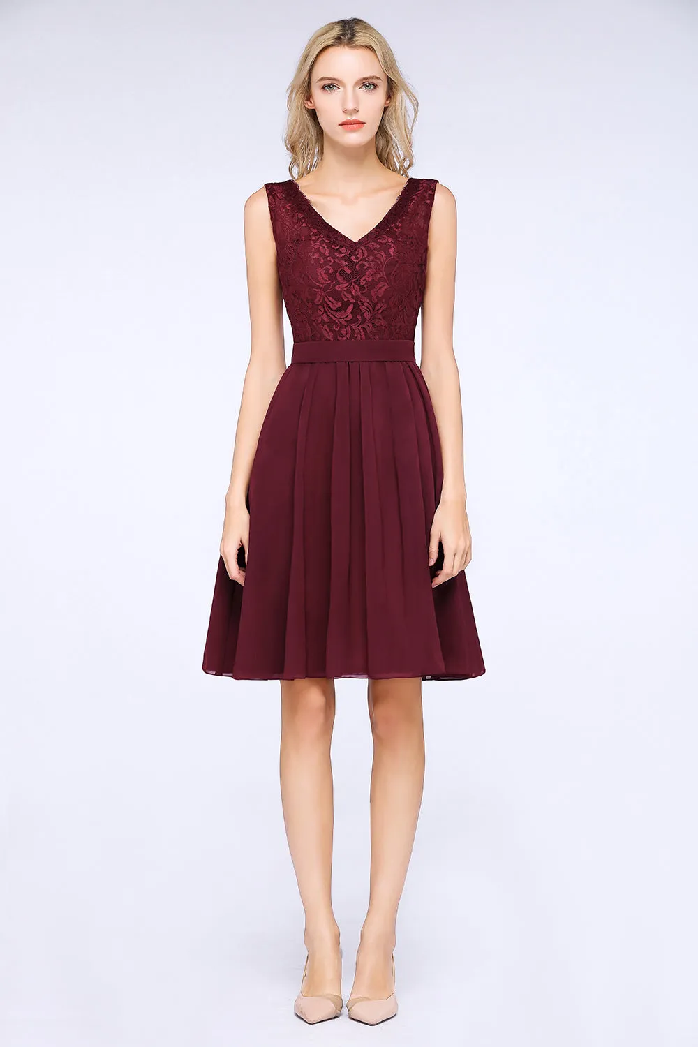 A-Line Chiffon Lace V-Neck Sleeveless Short Bridesmaid Dress with Ruffles