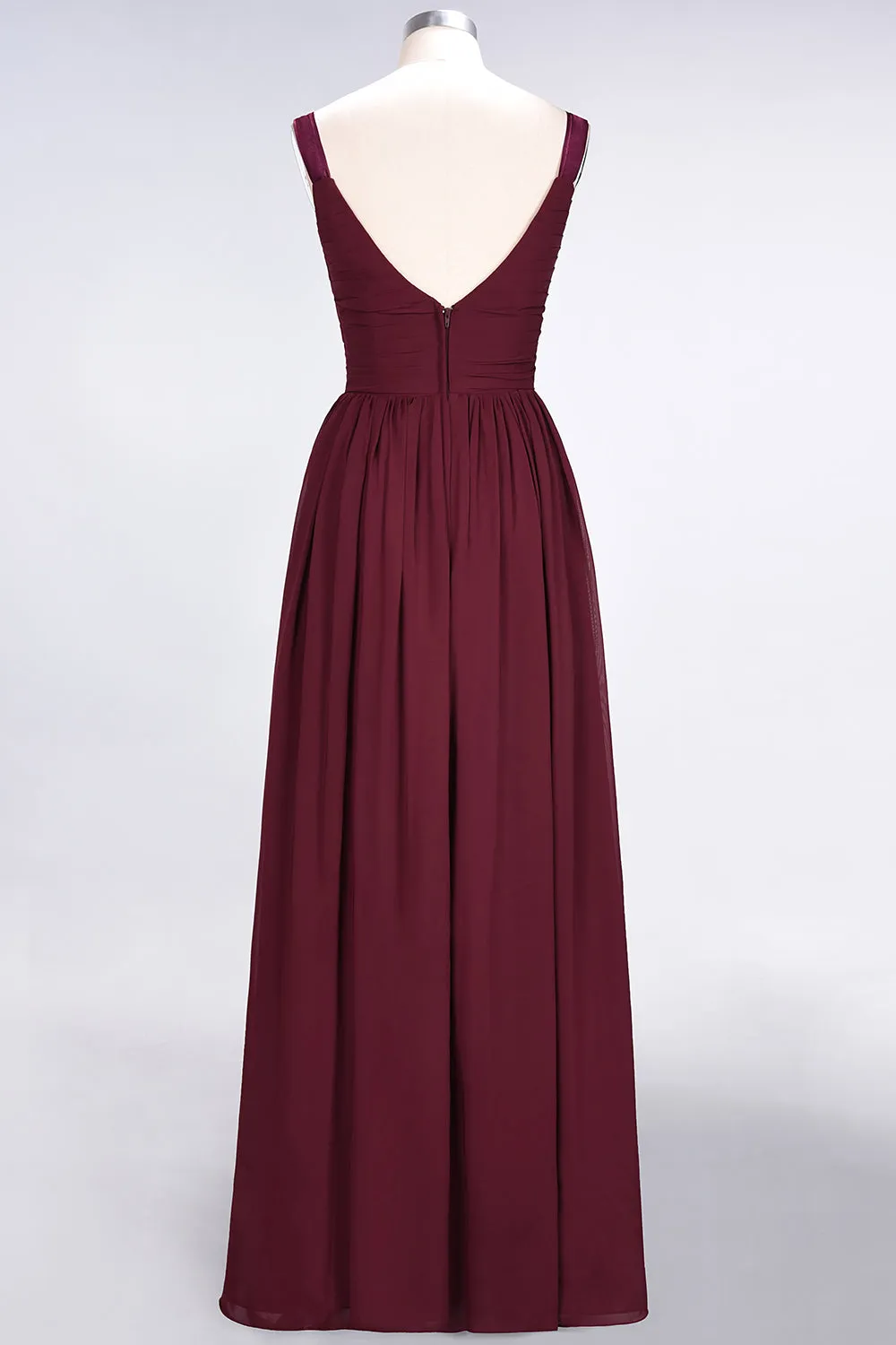 A-Line Chiffon Straps V-Neck Backless Long Bridesmaid Dress with Ruffles