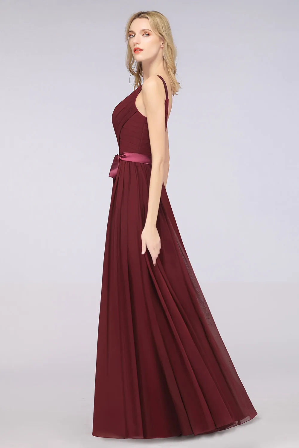 A-Line Chiffon Straps V-Neck Backless Long Bridesmaid Dress with Ruffles