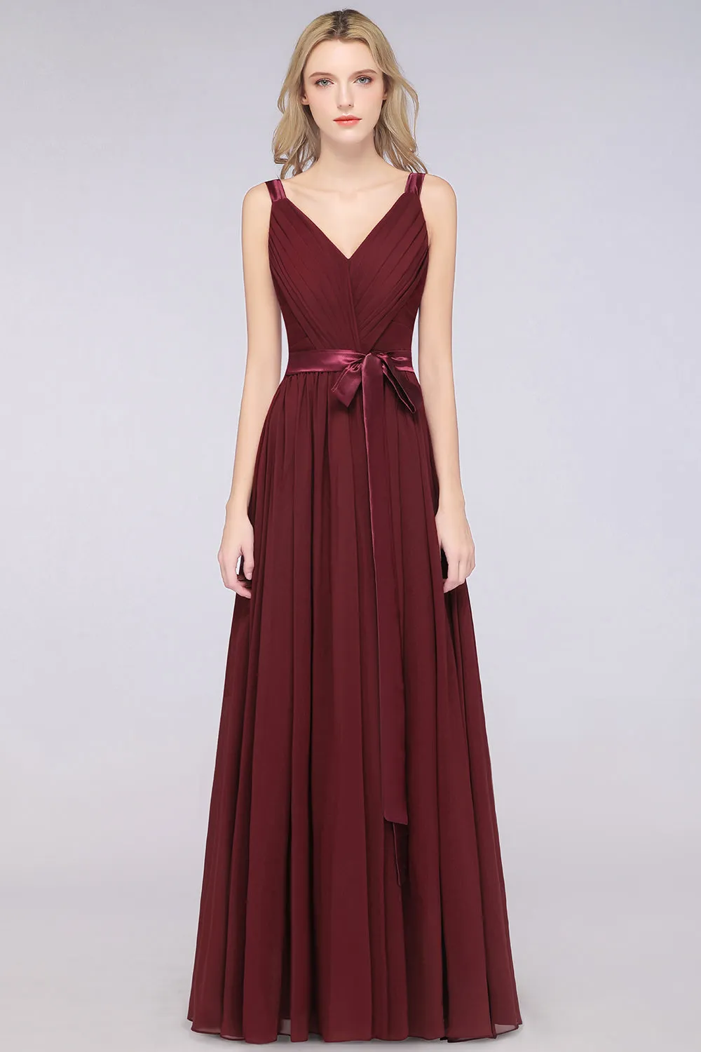 A-Line Chiffon Straps V-Neck Backless Long Bridesmaid Dress with Ruffles