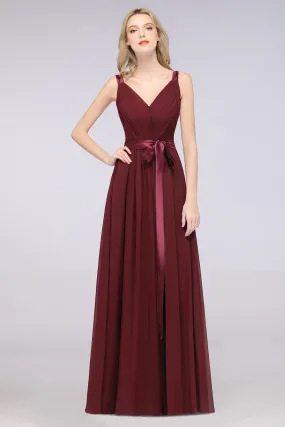 A-Line Chiffon Straps V-Neck Backless Long Bridesmaid Dress with Ruffles