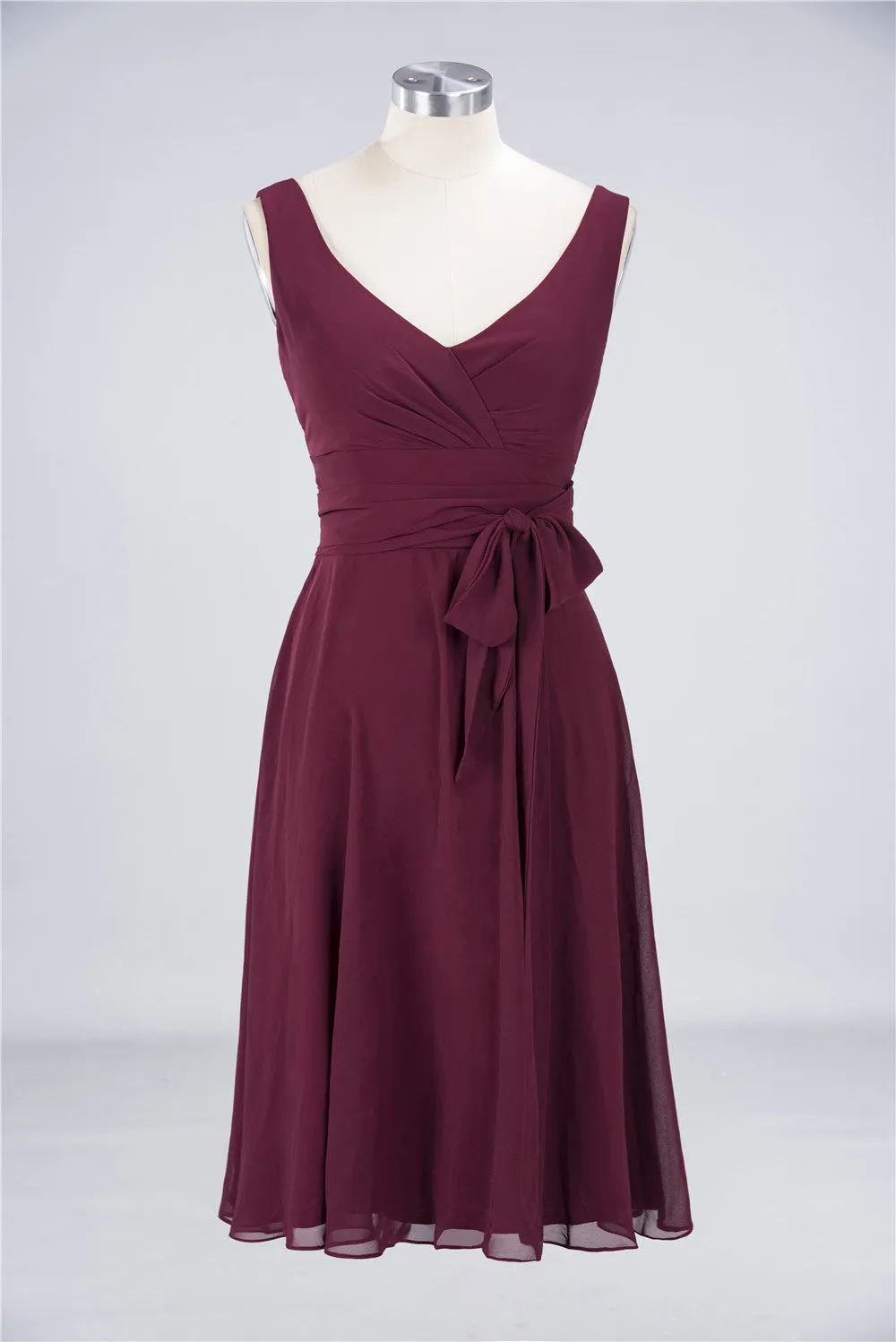 A-Line Chiffon Straps V-Neck Short Bridesmaid Dress with Bow Sash