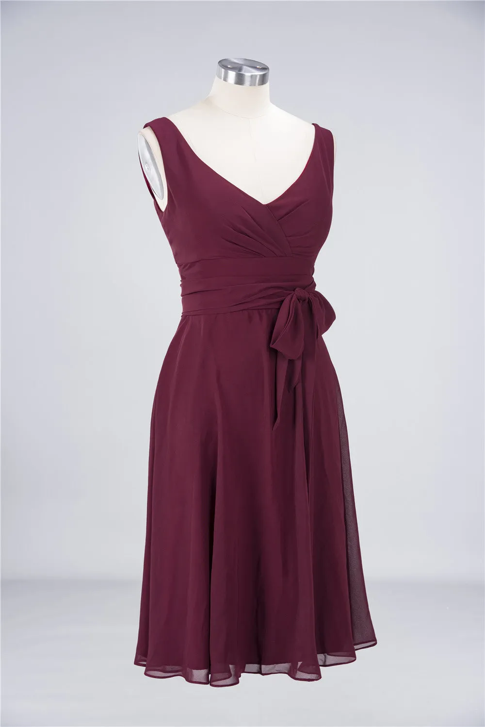 A-Line Chiffon Straps V-Neck Short Bridesmaid Dress with Bow Sash