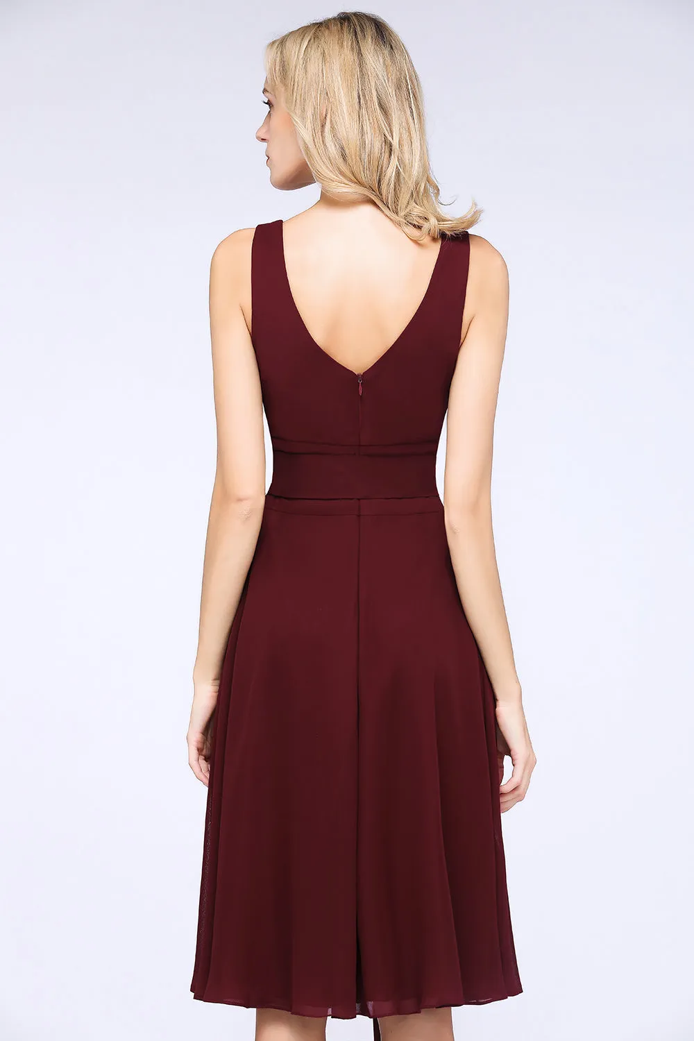 A-Line Chiffon Straps V-Neck Short Bridesmaid Dress with Bow Sash