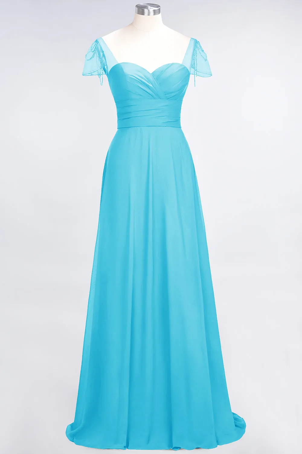 A-Line Chiffon Sweetheart Ruffle Long Bridesmaid Dress with Beadings