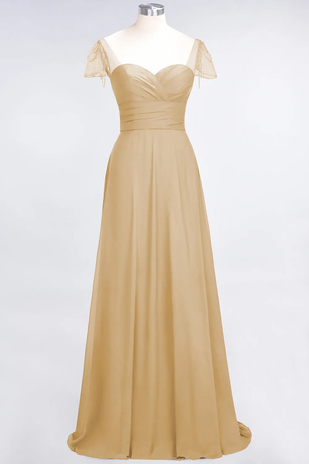 A-Line Chiffon Sweetheart Ruffle Long Bridesmaid Dress with Beadings