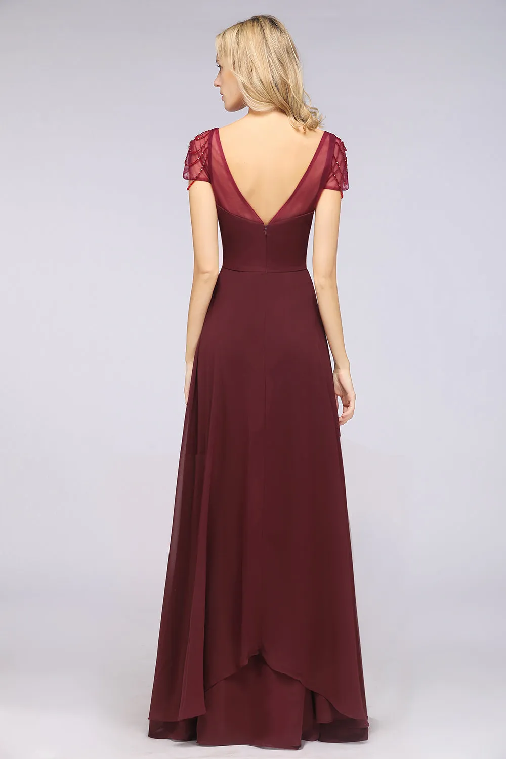 A-Line Chiffon Sweetheart Ruffle Long Bridesmaid Dress with Beadings