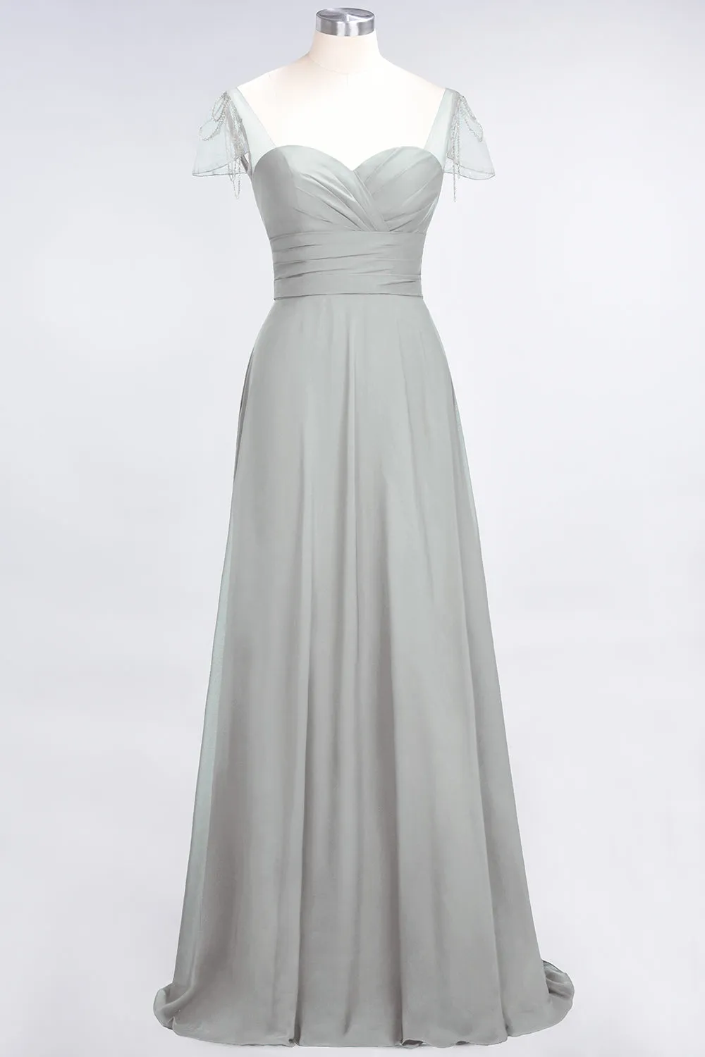 A-Line Chiffon Sweetheart Ruffle Long Bridesmaid Dress with Beadings