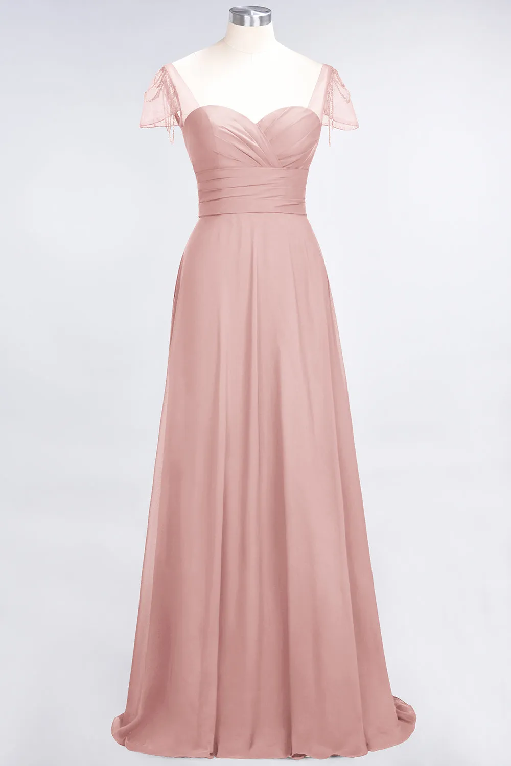 A-Line Chiffon Sweetheart Ruffle Long Bridesmaid Dress with Beadings