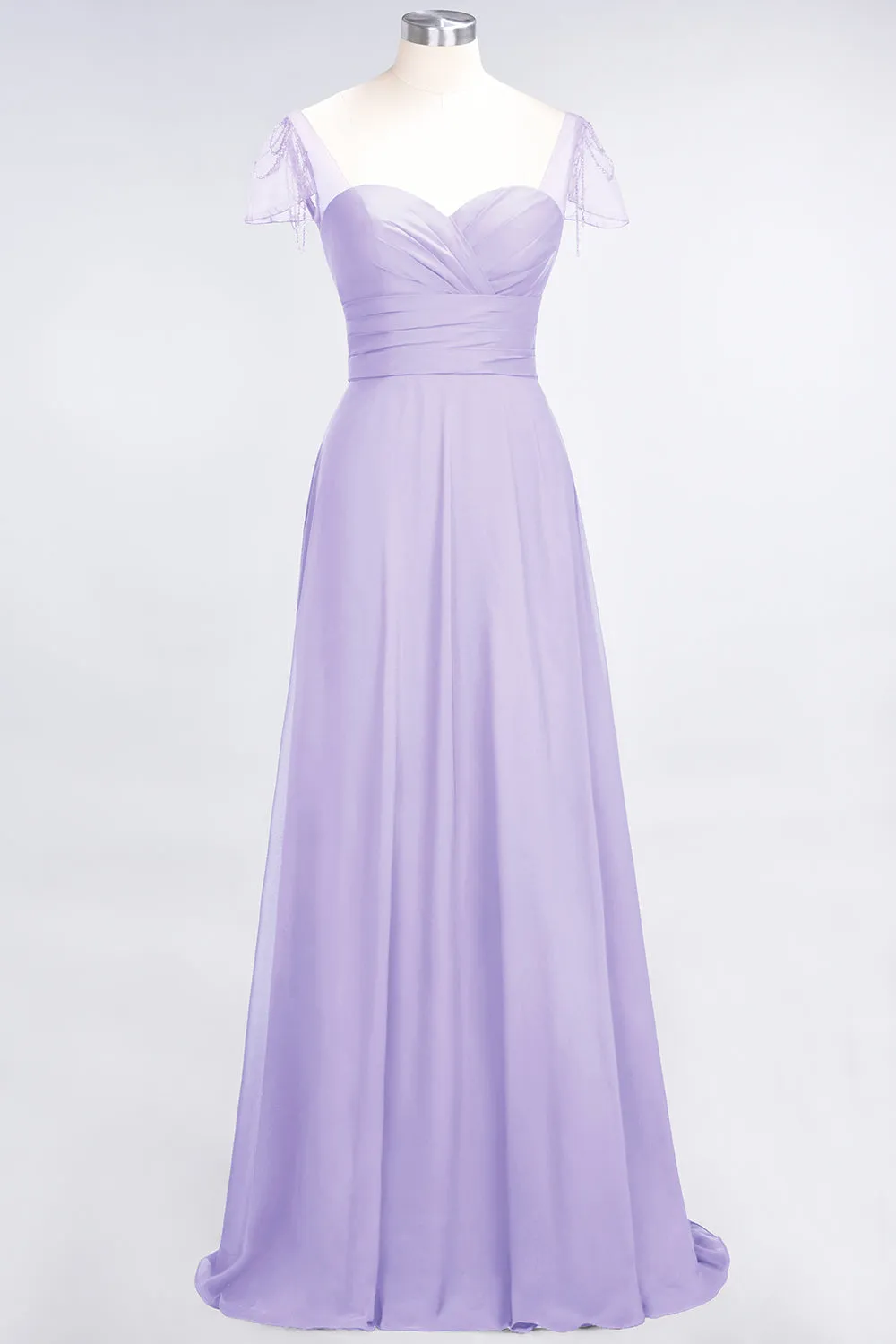 A-Line Chiffon Sweetheart Ruffle Long Bridesmaid Dress with Beadings