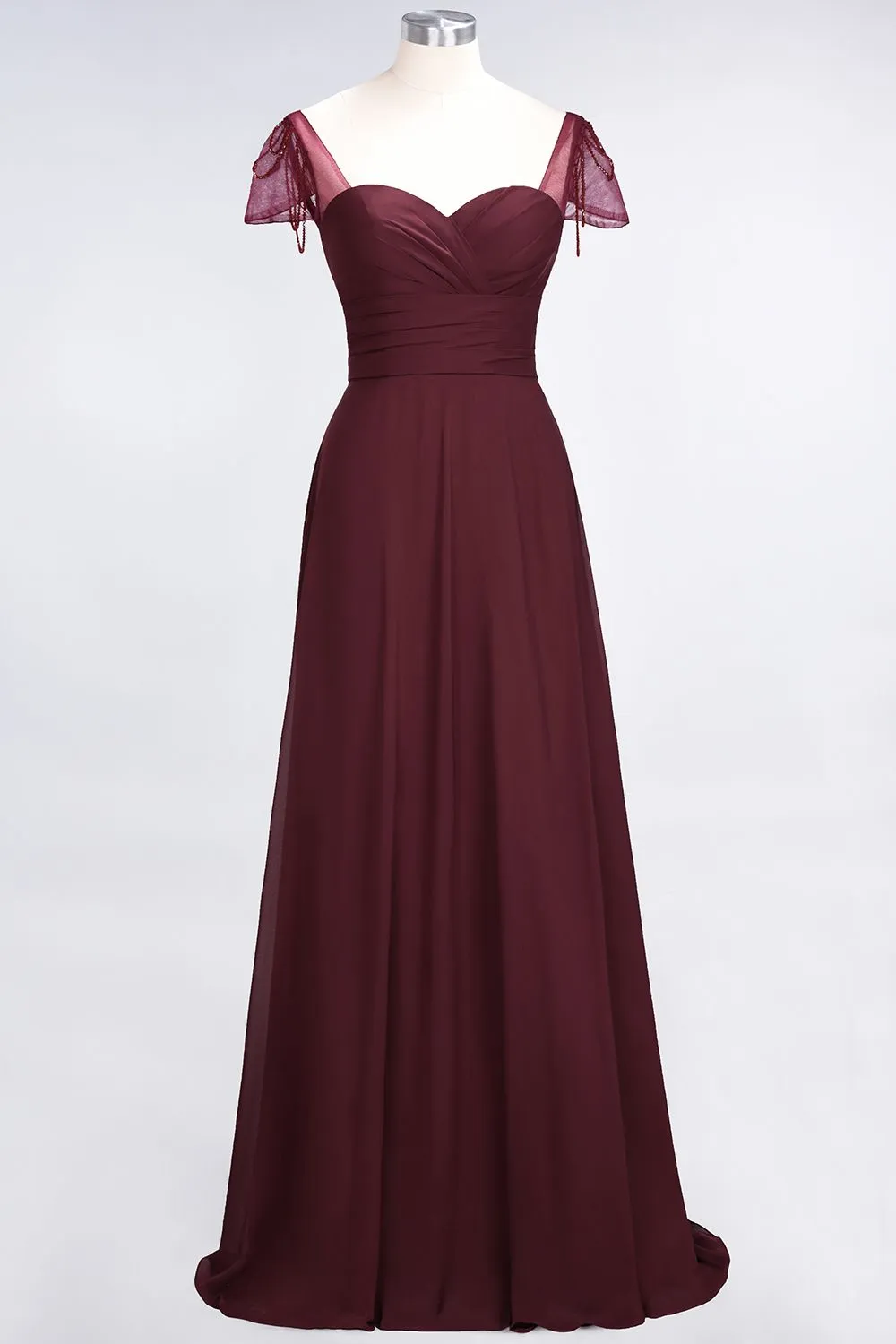 A-Line Chiffon Sweetheart Ruffle Long Bridesmaid Dress with Beadings