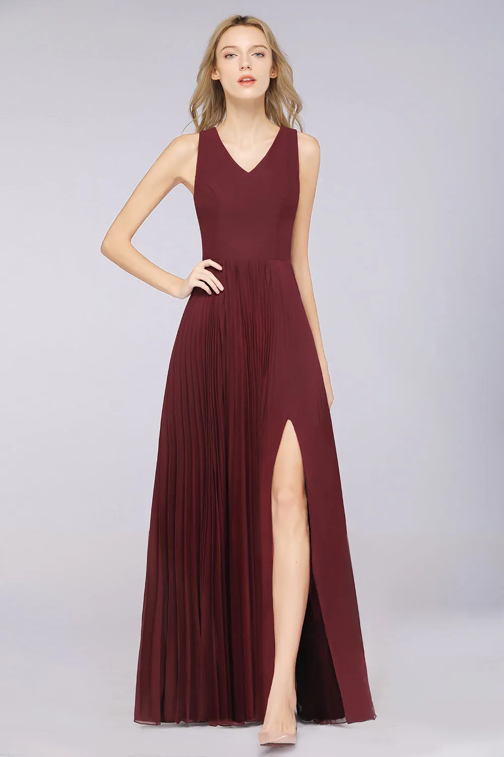 A-Line Satin Chiffon V-Neck Sleeveless Long Bridesmaid Dress with Slit