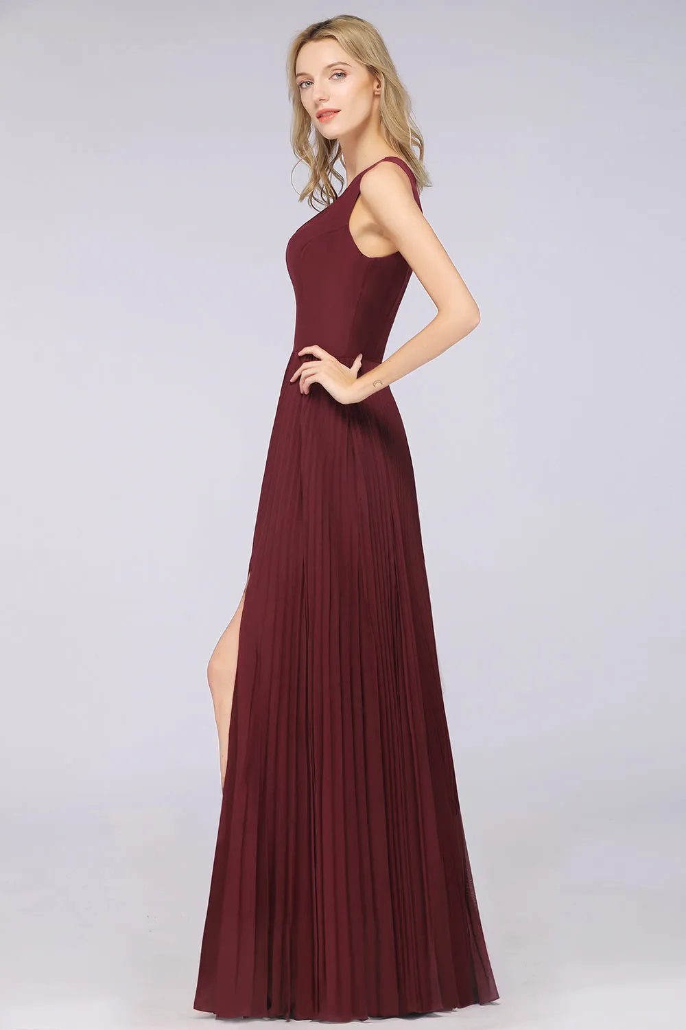 A-Line Satin Chiffon V-Neck Sleeveless Long Bridesmaid Dress with Slit