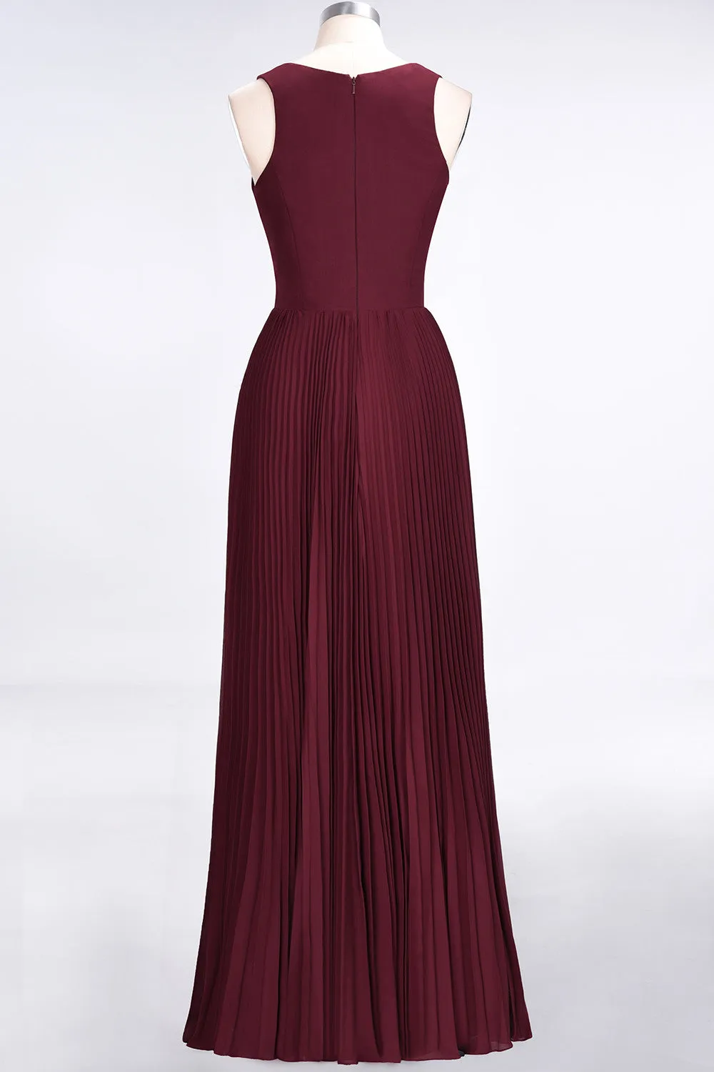 A-Line Satin Chiffon V-Neck Sleeveless Long Bridesmaid Dress with Slit