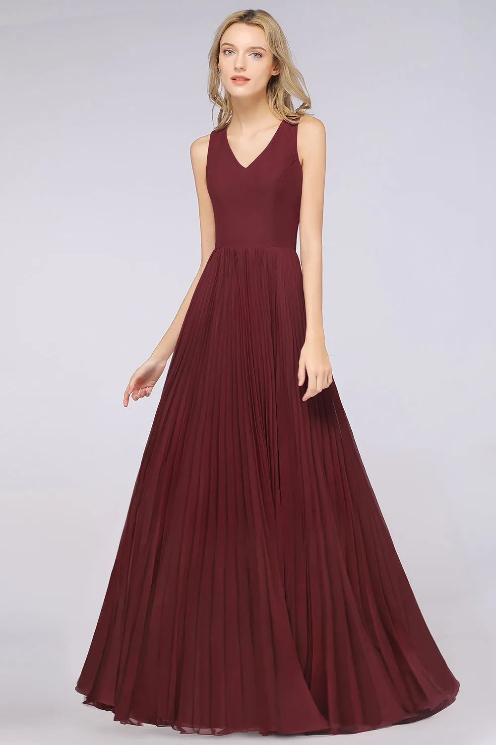 A-Line Satin Chiffon V-Neck Sleeveless Long Bridesmaid Dress with Slit