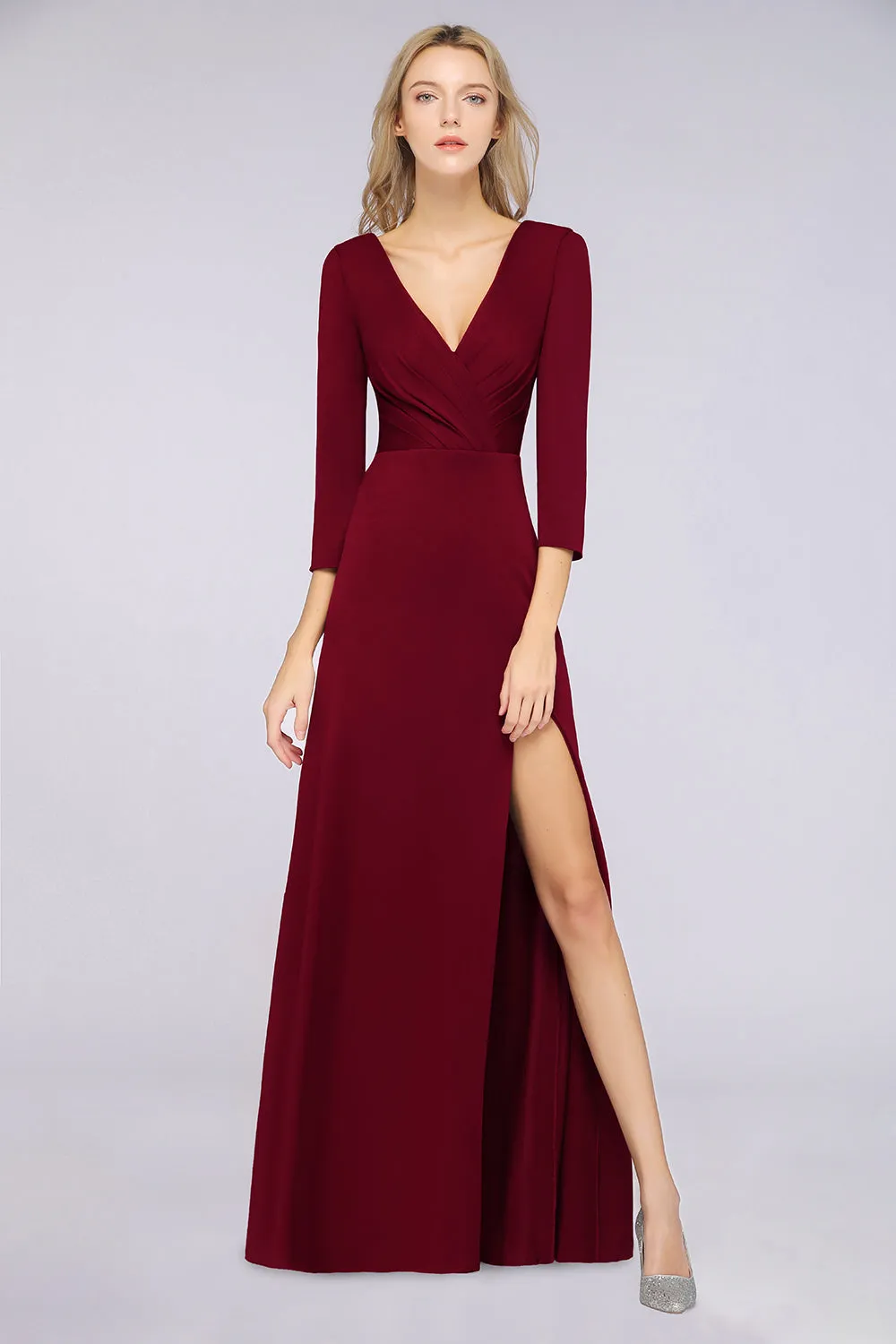 A-Line V-Neck Long Sleeves Bridesmaid Dress with Slit