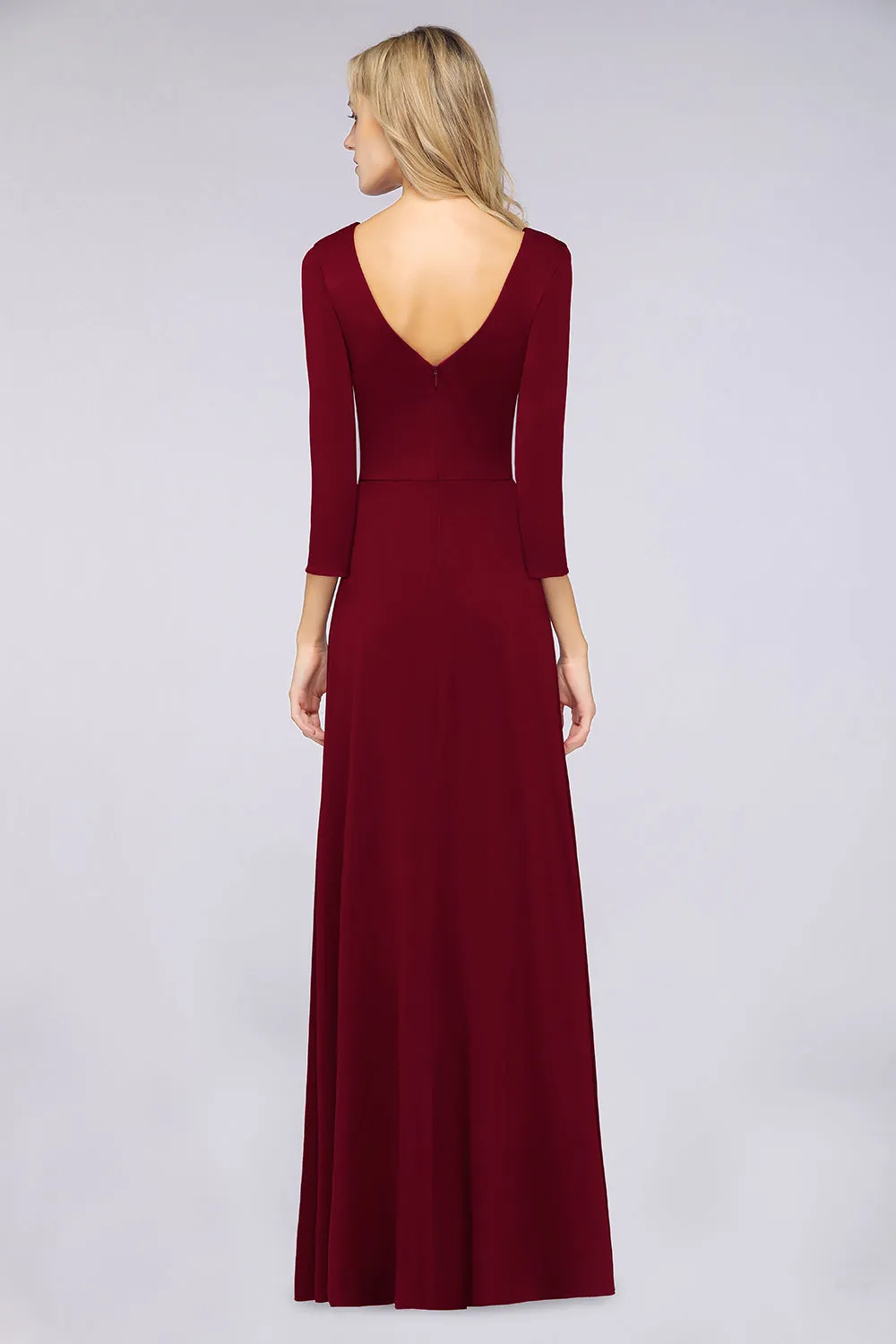 A-Line V-Neck Long Sleeves Bridesmaid Dress with Slit