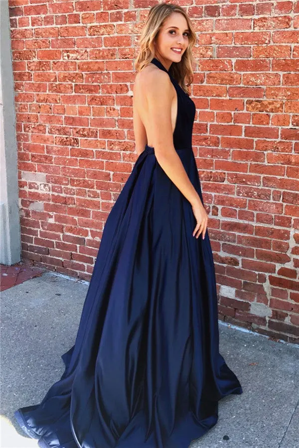 Amazing Long A-line Halter Ruched Open Back Prom Dress