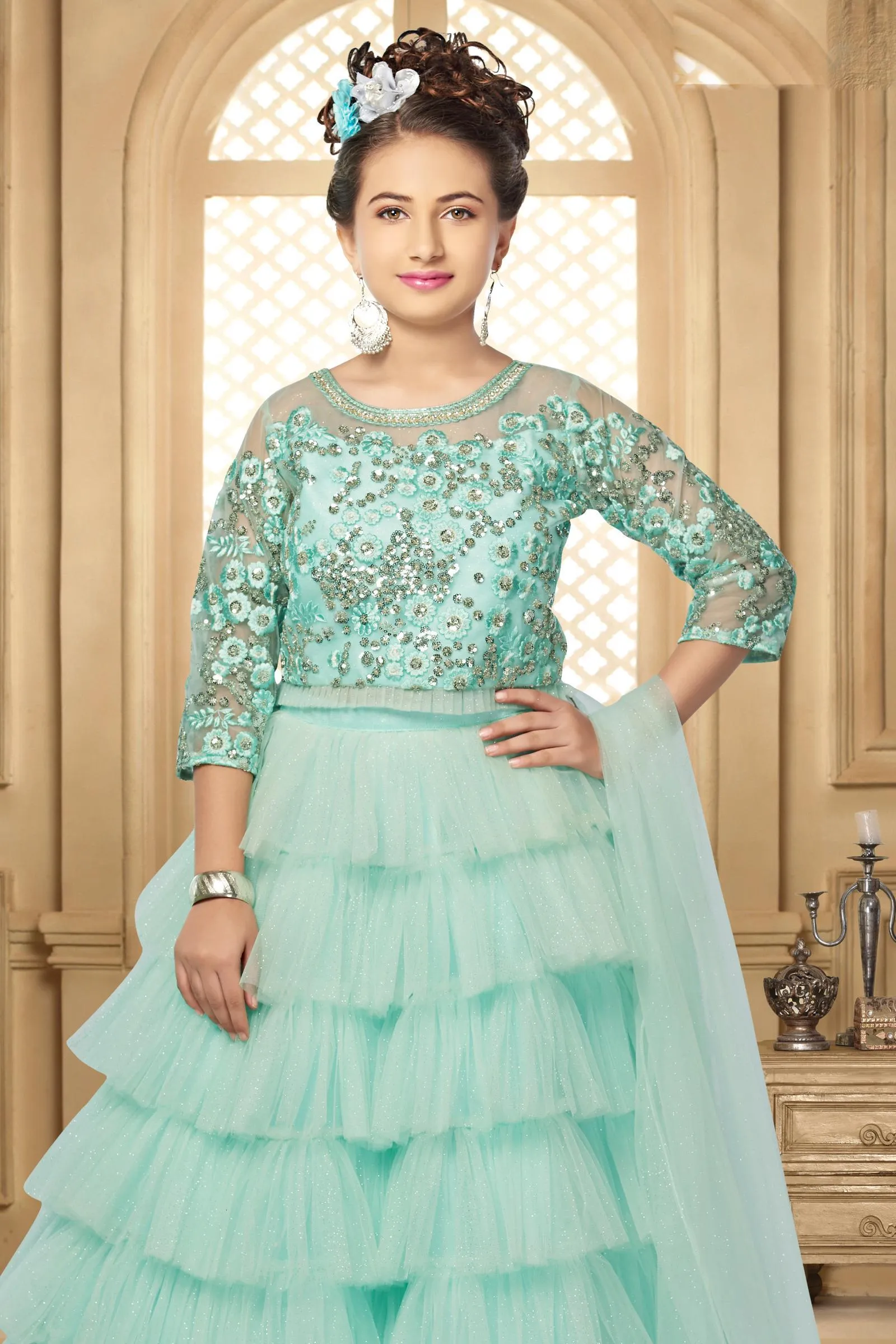 Apple Green Sequins and Thread work Partywear Lehenga Choli for Girls