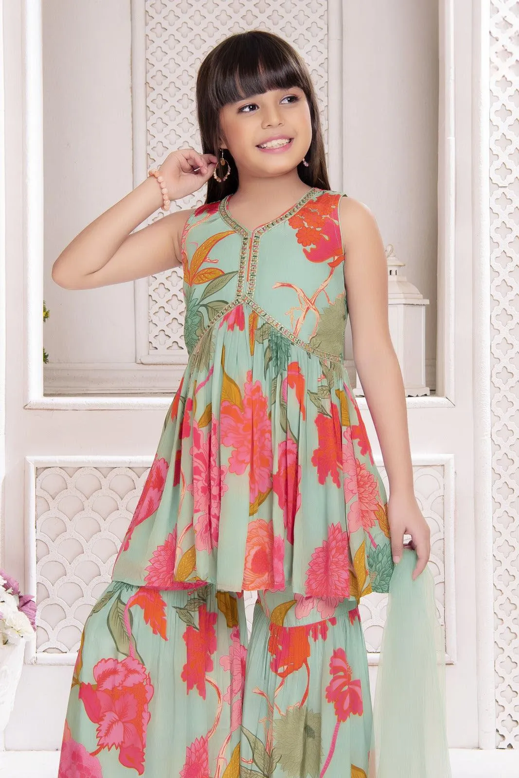 Aqua Green Floral Print Alia Cut Peplum Top and Sharara Set for Girls