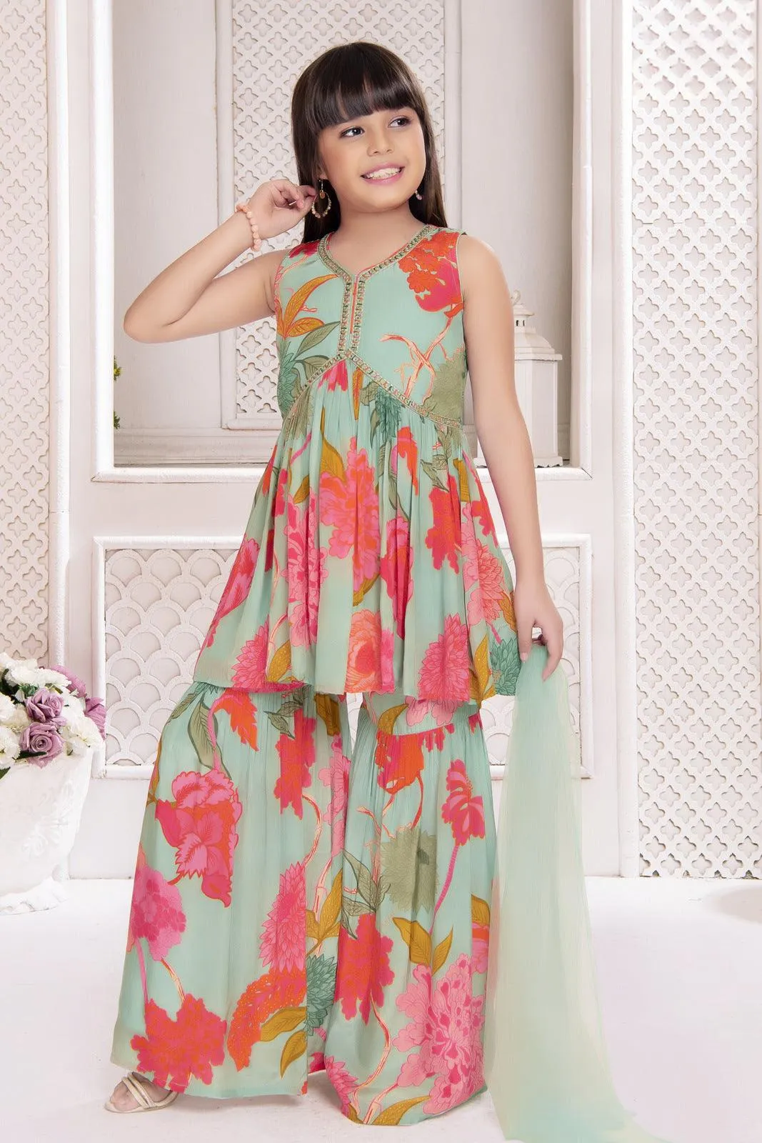 Aqua Green Floral Print Alia Cut Peplum Top and Sharara Set for Girls