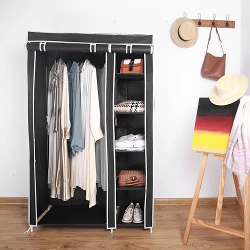 AROME PUR Fabric Canvas Wardrobe Organizer Clothes Rail Shelves Storage Closet Double Tall (Black)