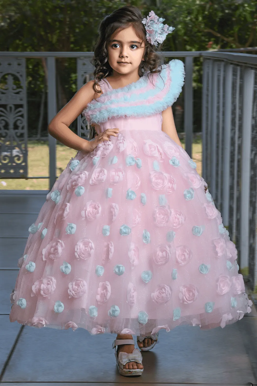 Baby Pink Handmade Flowers with Glittering work Long Party Ball Gown for Girls