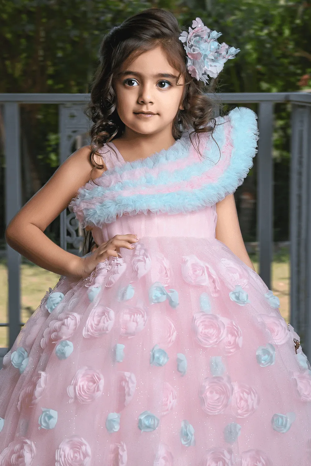 Baby Pink Handmade Flowers with Glittering work Long Party Ball Gown for Girls