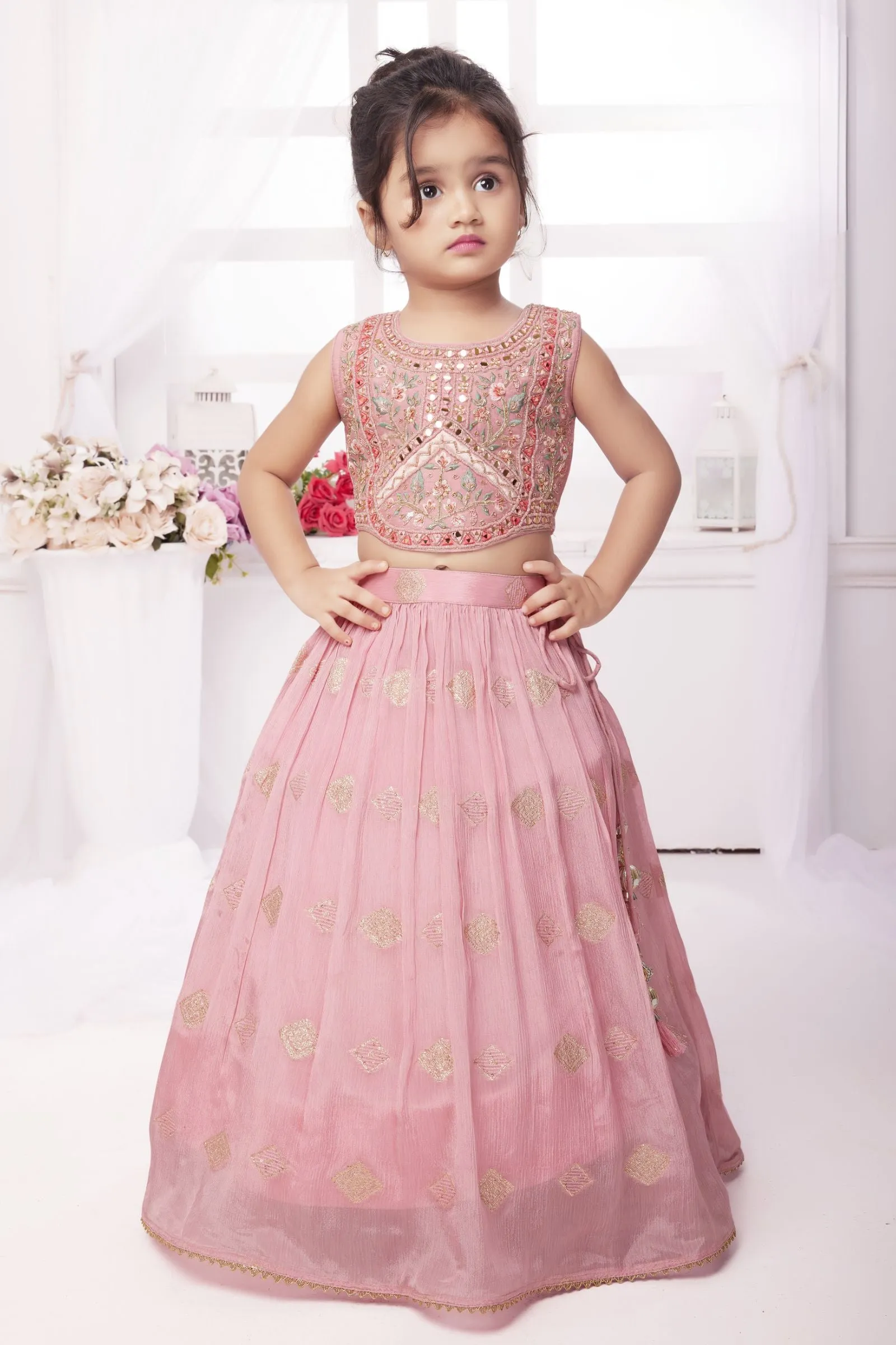 Baby Pink Mirror, Sequins, Thread, Beads and Zari work Lehenga Choli for Girls