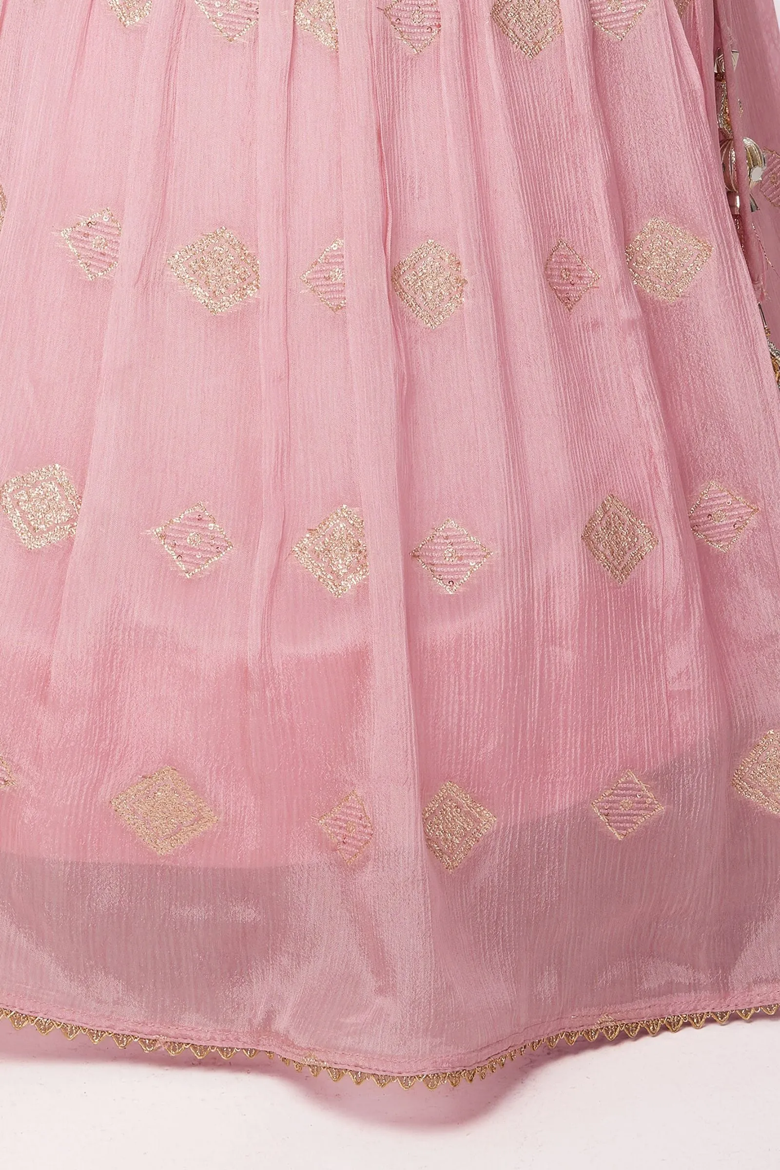 Baby Pink Mirror, Sequins, Thread, Beads and Zari work Lehenga Choli for Girls