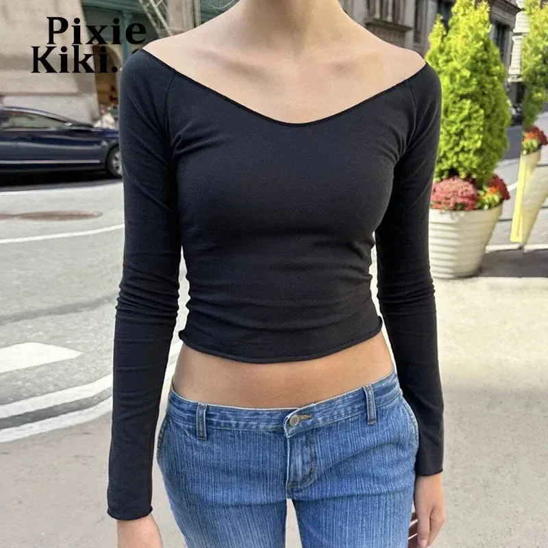 Basic Fitted Tops Black White V Neck Long Sleeve T Shirts for Women Fall Clothing Cropped Tees Y2k P84-AG13