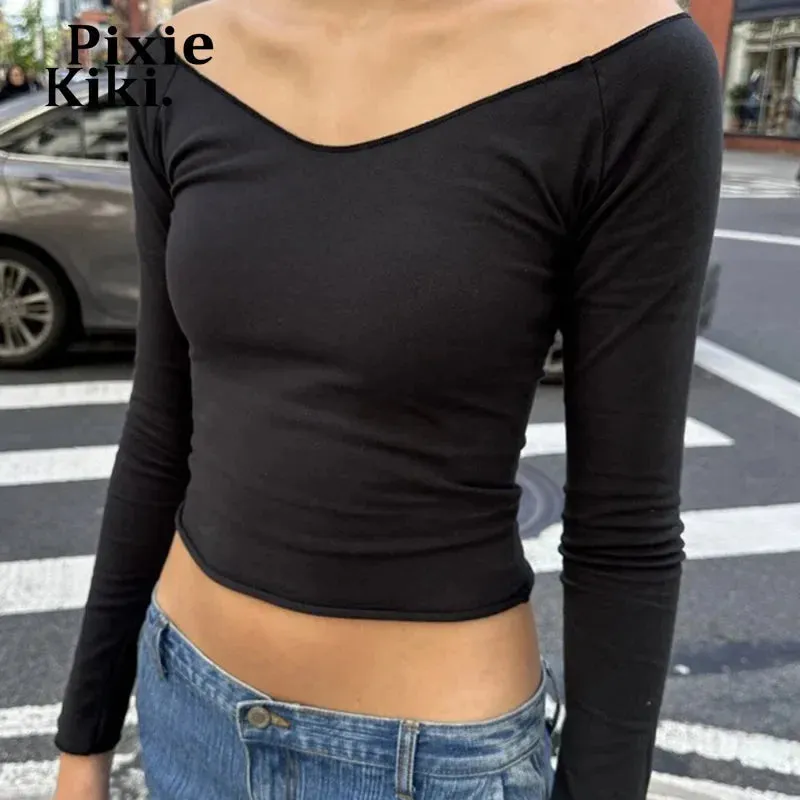 Basic Fitted Tops Black White V Neck Long Sleeve T Shirts for Women Fall Clothing Cropped Tees Y2k P84-AG13