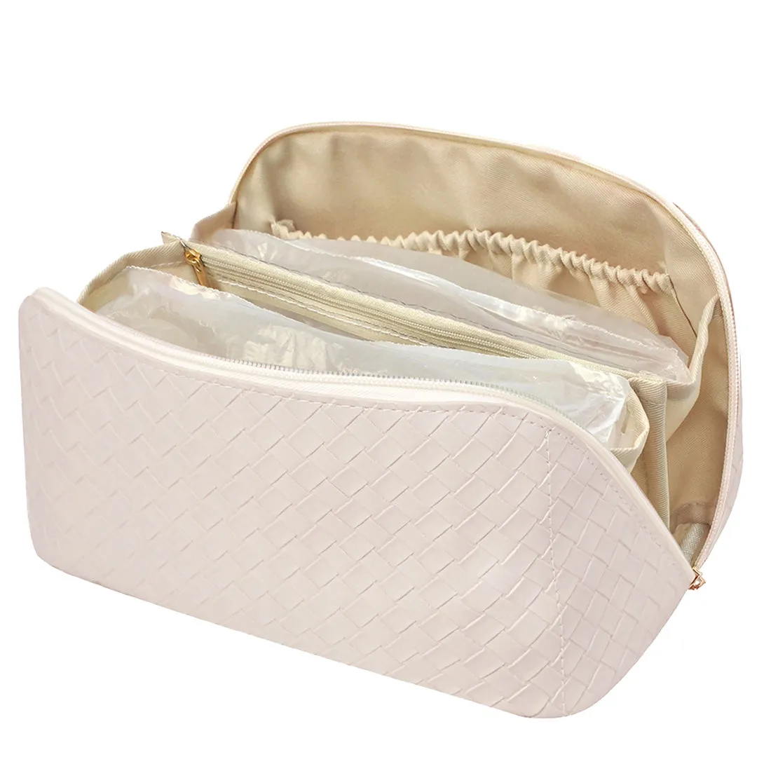 Basket Weave Cream NGIL Medium Faux Leather Expandable Travel Toiletry