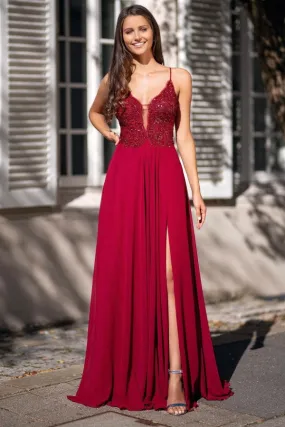 Beautiful Long Sheath V-neck Chiffon Backless Prom Dress With Split